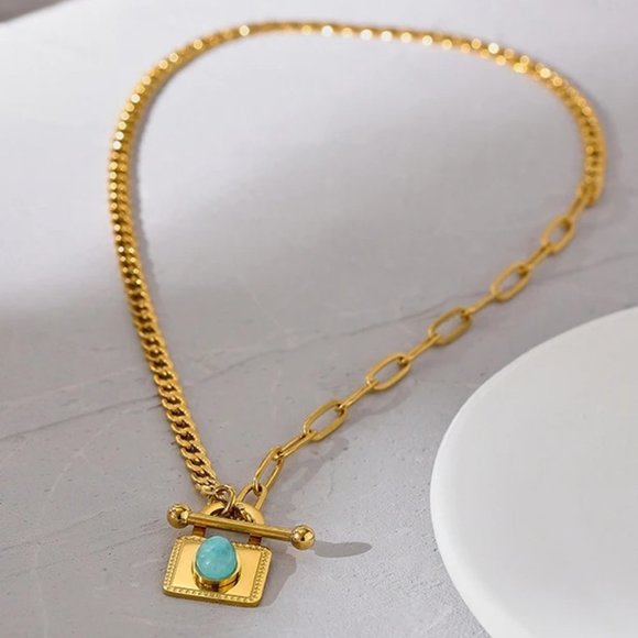 Jewelry - NEW 18K Gold Plated Turquoise Lock Pendant Toggle Chunky Link Chain Necklave